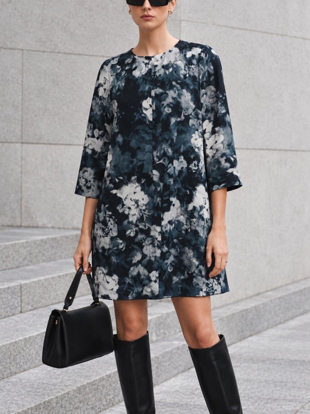 ARITZIA WILFRED Myosotis Dress Abstract Dark Floral Modern Mod Fall City Chic L